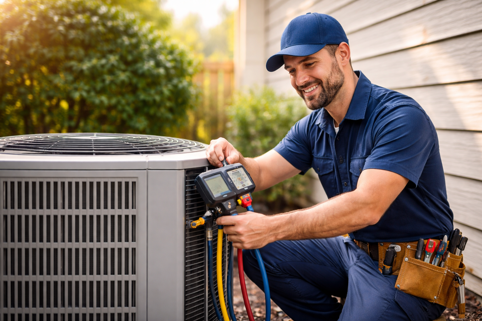 Spring HVAC Maintenance — technician checking refrigerant on an outdoor AC unit