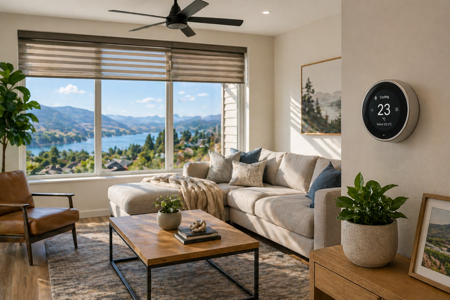 Comfortable Okanagan home in summer — ceiling fan, drawn blinds, and smart thermostat keeping energy costs low