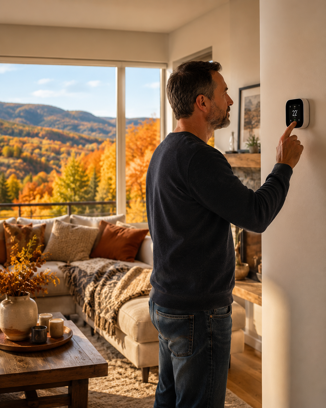 Okanagan home in early fall — thermostat being adjusted as leaves change, transitioning from summer cooling to fall heating season