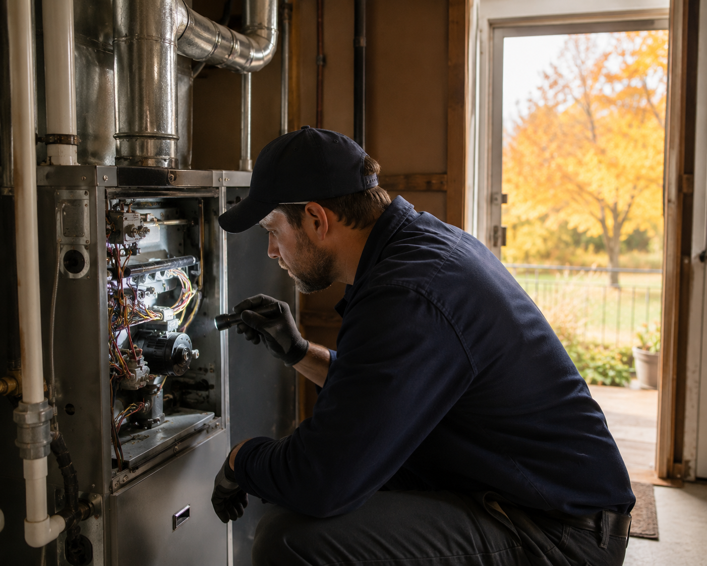 HVAC technician inspecting a furnace in an Okanagan home in October — pre-winter furnace inspection and tune-up
